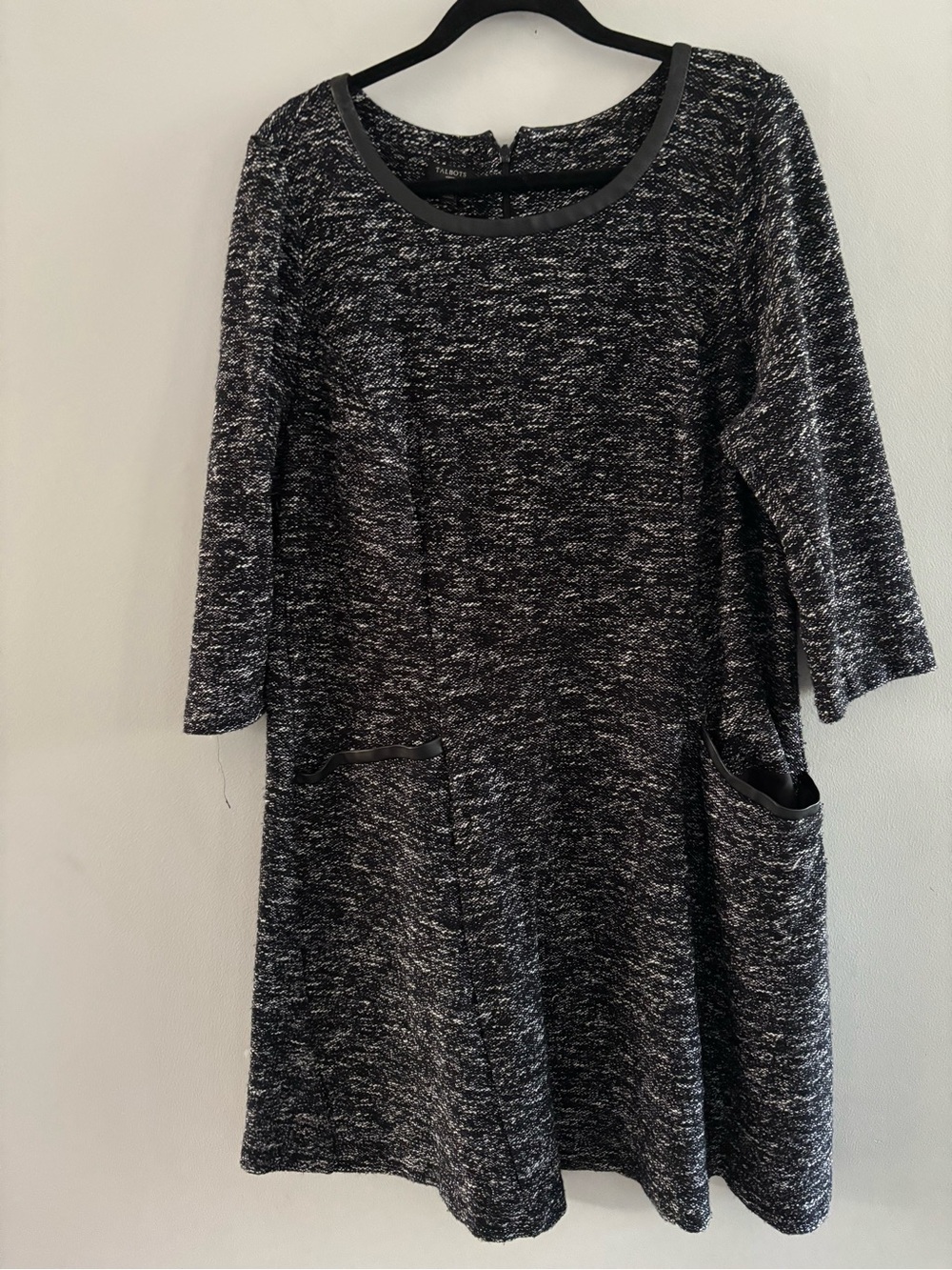 Talbots Black & White Marled Long Sleeve A-Line Dress Leather Trim Size 16W